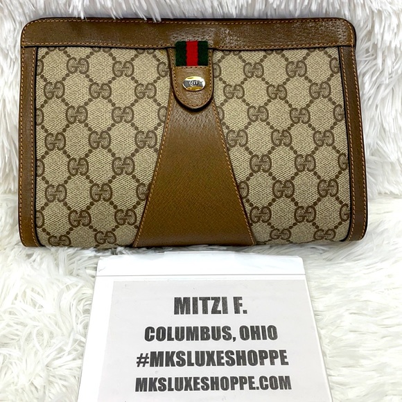 GUCCI SHERRI GG PATTERN MINI CLUTCH POUCH PVC BROWN EUC - Picture 1 of 11